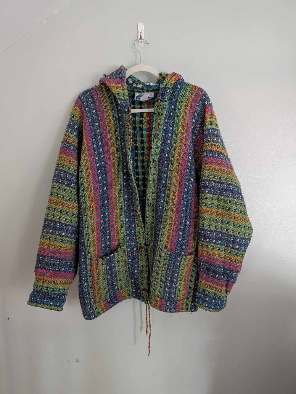 Vtg Handknit Artisan Ecuadorian Colorful Striped Hooded Knit Sweater Jacket XL